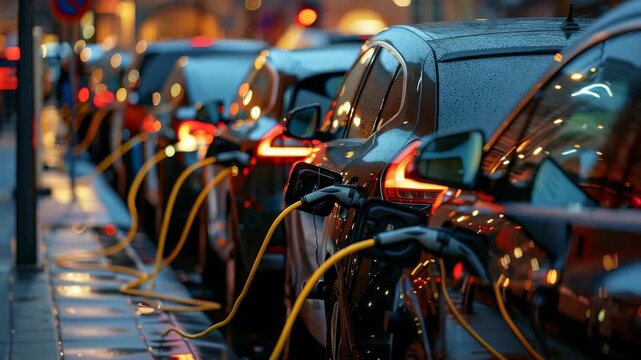 Row electric vehicles connected to chargers on city street at dusk, highlighting eco-friendly transportation, infrastructure for sustainable urban mobility during rain shower.