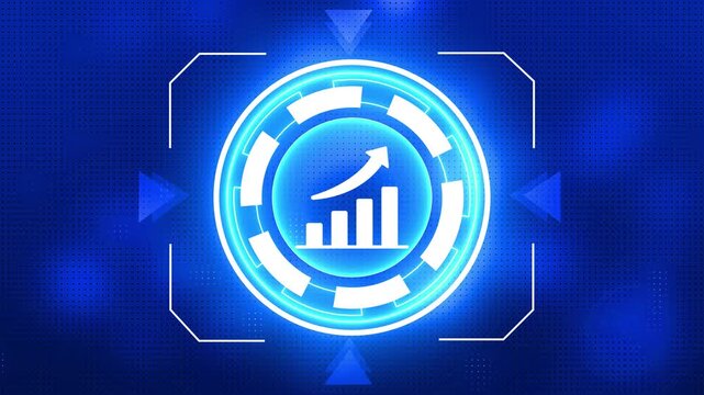 Animation of graph with circle Hud compute circuit board elements grid background. arrow pointing up set against a digital technology background, representing a business plan .