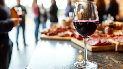 Wine glass of red wine at a catered event with appetizers.