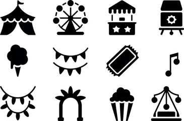 Vector Carnival Icons: Funfair, Festive, Black Glyph Style