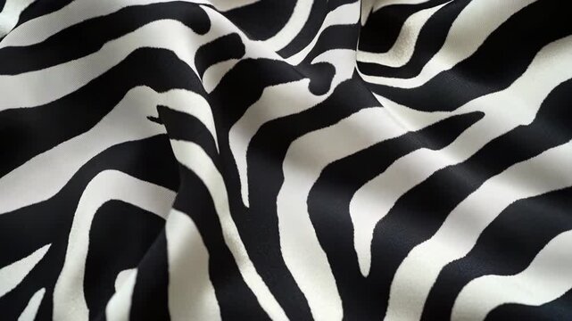 Close-up of black and white zebra print fabric, used for clothing or home decor. Soft texture and intricate pattern ideal for sewing and crafting projects.