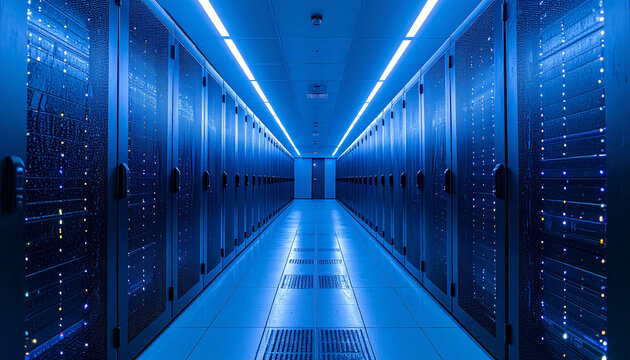 Data Fortress: Inside a cutting-edge data center, an ethereal blue light illuminates a vast array of servers, symbolizing the power and complexity of modern technology and data processing. 