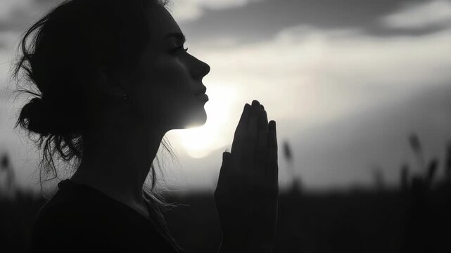Faithful woman kneeling and praying silhouette against orange sky at sunset.