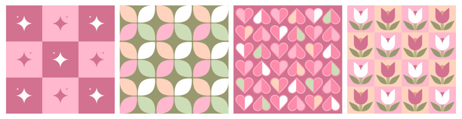 Seamless retro checkerboard pattern set. Sparkles in pink. Nostalgic Y2K background. Mid century modern geometric abstract design. heart shaped petals and vintage floral tulip print in soft pastel.