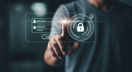 A person's finger touching a futuristic holographic interface for user login, with username and password fields and a large padlock icon, symbolizing cybersecurity and secure access.