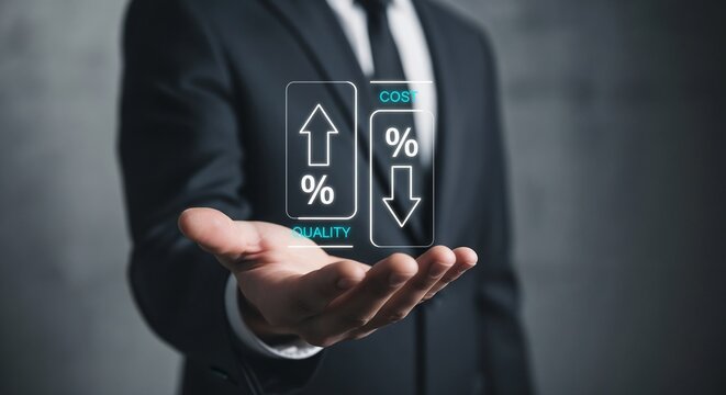 A businessman in a suit holding a virtual icon showing an upward arrow for 'QUALITY' and a downward arrow for 'COST', illustrating the business concept of increasing quality while decreasing costs.
