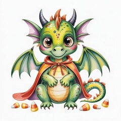 Naklejka premium Cute Watercolor Illustration of a Friendly Dragon With Candy Corn on a Bright Background