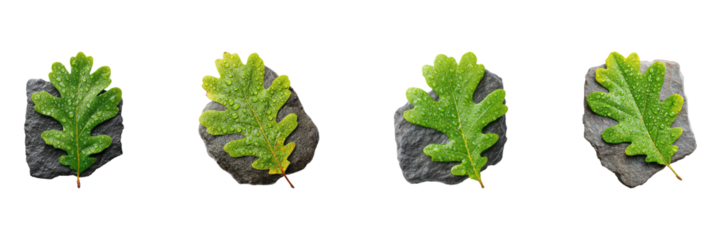 Green Oak Leaves Wet Stones Set. Nature And Freshness Concept Collection Isolated On Transparent Background