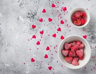 Overhead view of white bowls filled with sugar-coated heart-shaped candies on gray backdrop