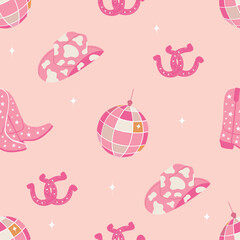 Seamless pattern with cowboy boots, hat, horseshoe, disco ball. Wild west, western themed. Trendy pink hand drawn vector illustration