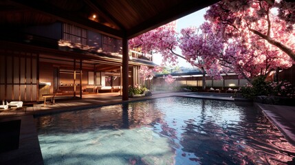 Japanese onsen with cherry blossoms, tranquil spa setting, wooden structure.