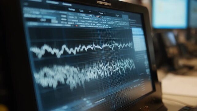 Profile view of a scientist analyzing frequency patterns on a seismic stations touchscreen interface adjusting monitoring parameters to enhance wave signal clarity.
