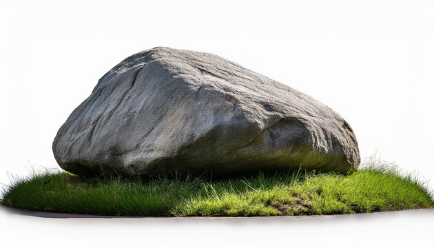 large grey boulder resting on a patch of green grass isolated on transparent background