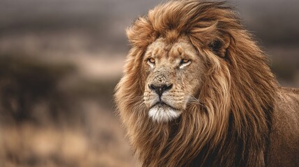Obraz premium Majestic lion portrait, windblown mane, intense gaze
