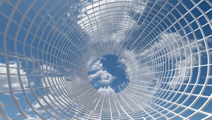 Fototapeta premium Abstract tunnel of white metal framing, opening to a cloudy sky