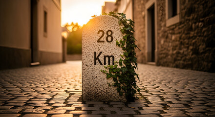 Milestone Marker On Cobblestone Road In Rural European Village At Sunset