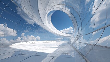 Abstract architectural interior, glass, and sky
