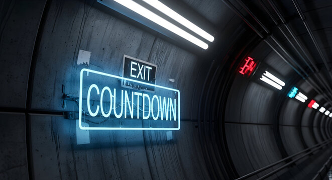 Intriguing Subway Tunnel With Glowing Countdown Sign And Illuminated Exit Portal - Powered by Adobe