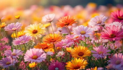 Fototapeta premium a vibrant field of colorful daisies in full bloom showcasing pink yellow and orange flowers in soft focus