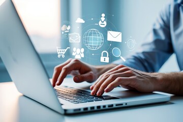 Exploring digital solutions hands on laptop for business and technology concepts