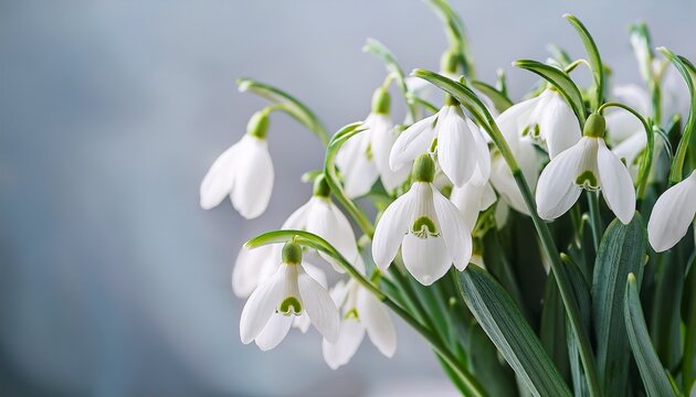 delicate snowdrop flowers blooming nature scene botanical minimalistic background close up view spring concept