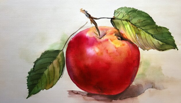 watercolor painting of a red apple with leaves still life art fruit - Powered by Adobe