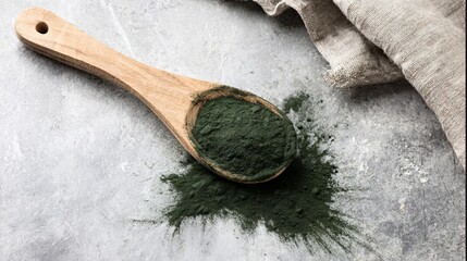 Green spirulina powder in a wooden spoon on a textured gray surface, with scattered powder around, showcasing its vibrant color and natural ingredients for health and wellness