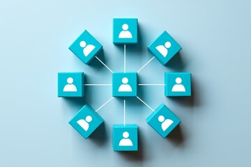 Network marketing concept with connecting people on blue blocks for social media
