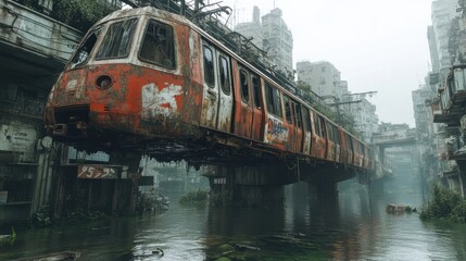 Obraz premium Apocalyptic City Scene Featuring an Abandoned Train and Decaying Buildings