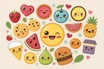 funny cartoon fruit and vegetable set with smiling faces vector illustration seamless pattern for children and kids design