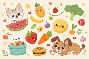 Seamless pattern featuring funny cartoon cats and flowers with cute animals like kittens rabbits and dogs in a colorful vector design