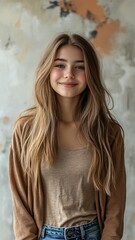 Fototapeta premium Smiling Girl, Long Hair, Casual Style