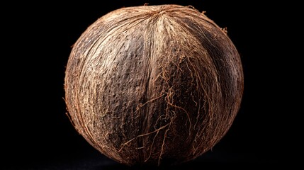 Close-up shot of a whole coconut on a black background isolated