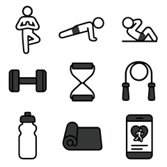 A collection of minimalist icons representing various fitness activities and gym equipment.