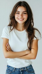 Smiling Woman in White Shirt and Jeans