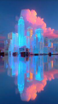 Surreal reflections of an opalescent skyline at twilight creating a dreamlike atmosphere over a fluid urban landscape