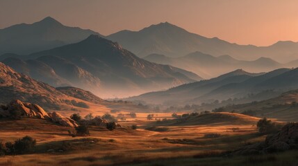 Naklejka premium Beautiful landscape of mountains during sunset with golden hour sunlight