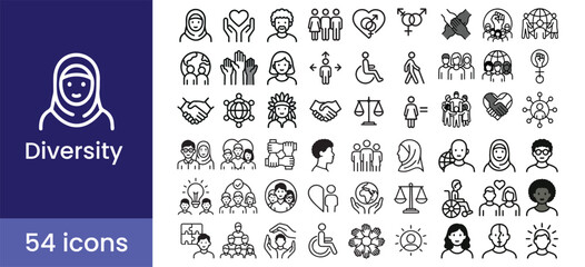Diversity and inclusion icon set for society and community, with people, culture, equality, teamwork, and unity symbols.

