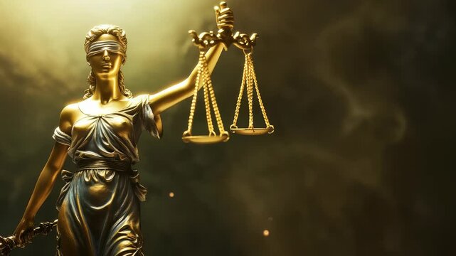 Dramatic depiction golden statue Lady Justice, blindfolded, holding balanced scales, symbolizing equality, fair judgment within justice system. scene is atmospheric, with smoky background.