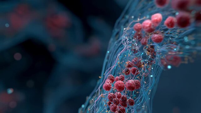 Animated biochemical pathway highlighting cyanide molecules binding cytochrome c oxidase halting electron flow in mitochondrial respiration.