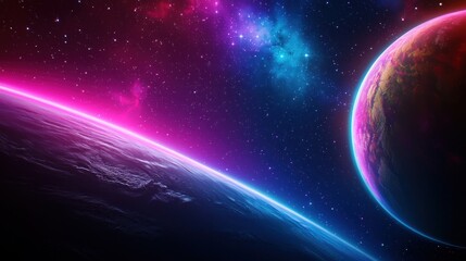 Obraz premium Vibrant cosmic landscape featuring two planets bathed in neon light, amidst a nebula of pink and blue hues.