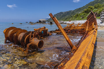 Shipwreck in Agios Gordios resort village on west coast of Corfu Island, Greece