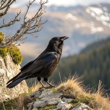 A striking black raven perches on a bare tree branch, its feathers ruffled against the wild, common nature
