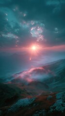 Naklejka premium Vibrant orange sunset over majestic mountains creating a serene atmosphere in high-definition beauty