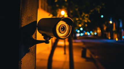 Security camera at night on a city street.