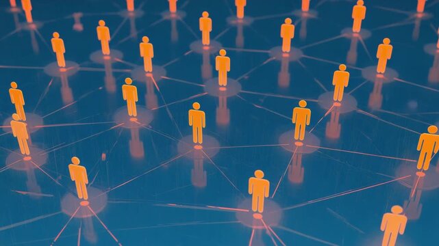 Glowing orange humanoid figures stand in a network formation