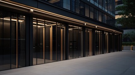Modern building facade at night with glass doors.
