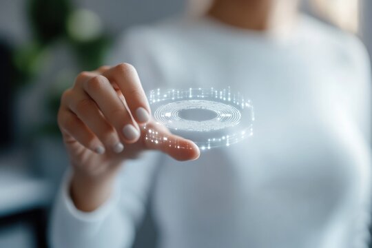 Businesswoman using futuristic holographic interface showing data analysis