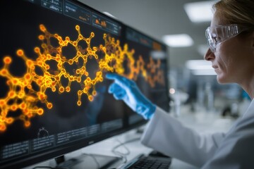 A scientist in a lab coat and gloves examines complex molecular structures displayed on a screen