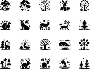 Collection of black and white nature icons representing trees animals and various wildlife elements perfect for website design and illustrations